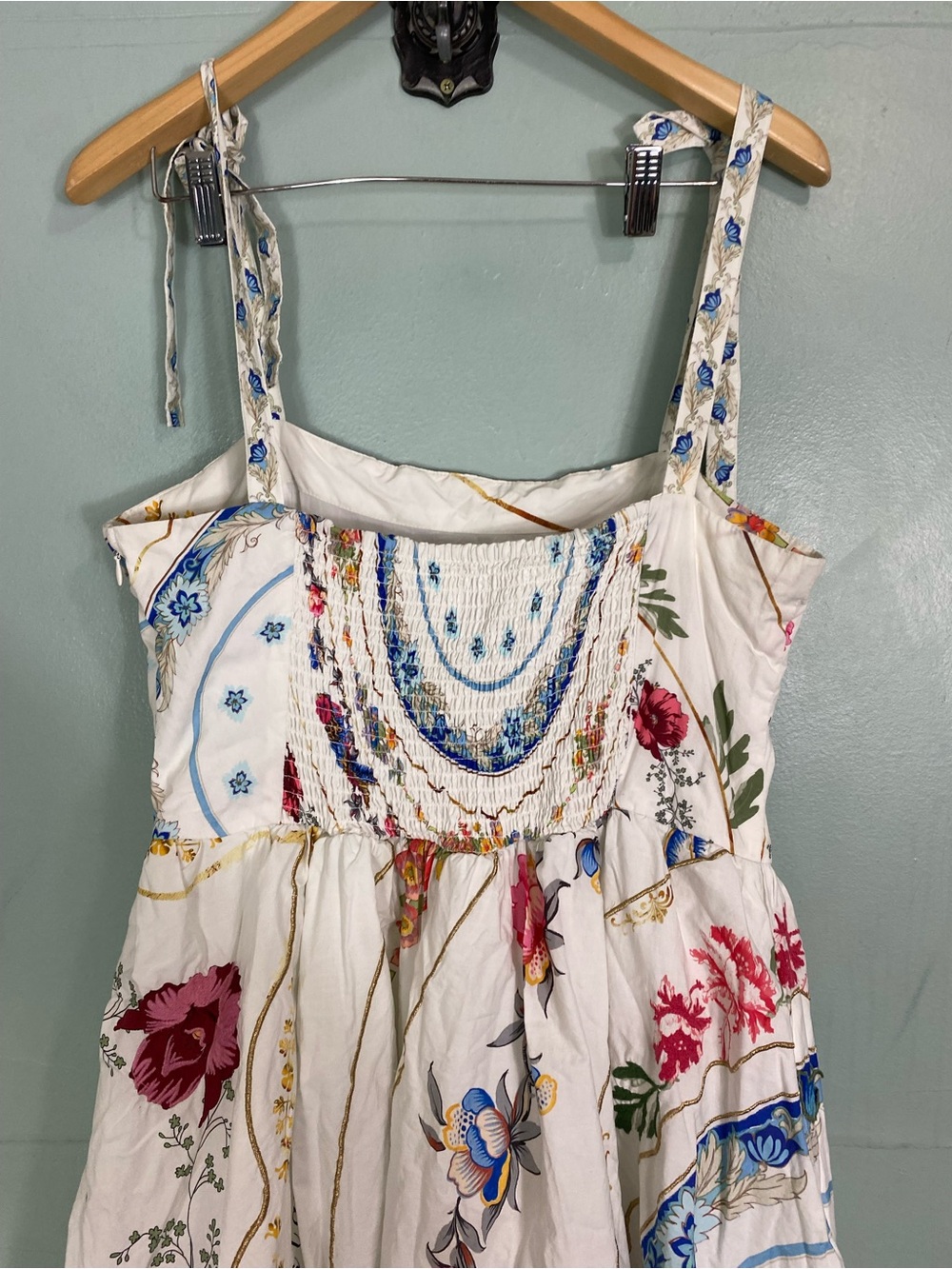 Anthropologie Tie Strap Printed Midi Dress Floral Sundress Birds Large - Picture 10 of 13